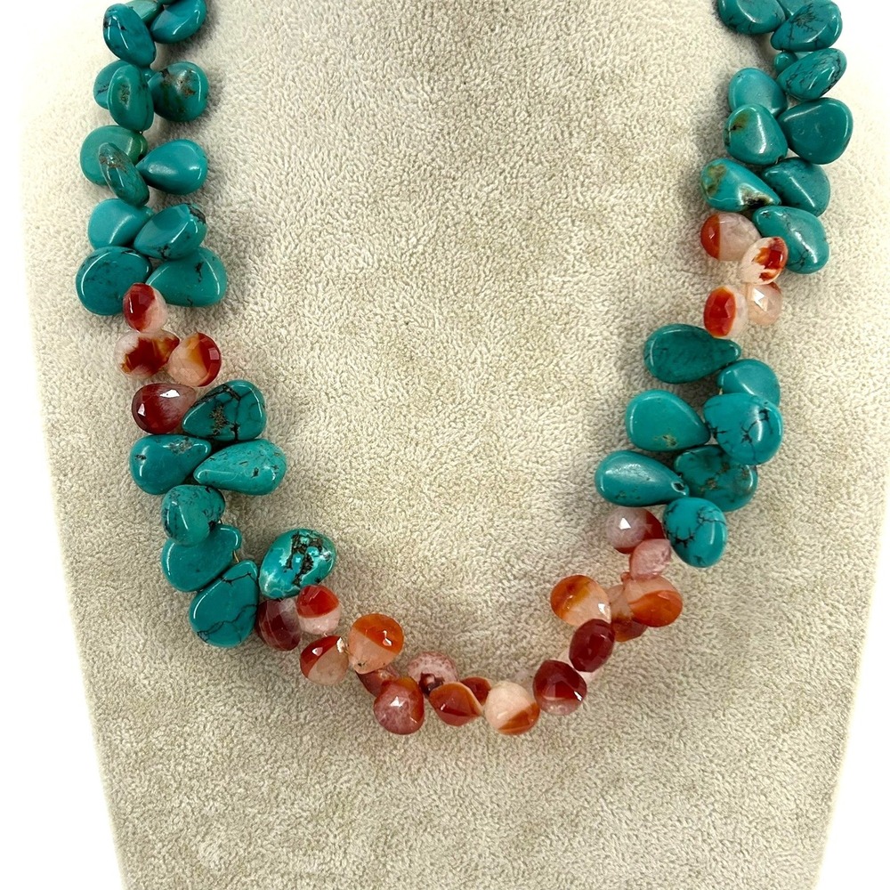 Turquoise Carnelian Teardrop Bead Pearl Smoky Quartz Statement Necklace 20"